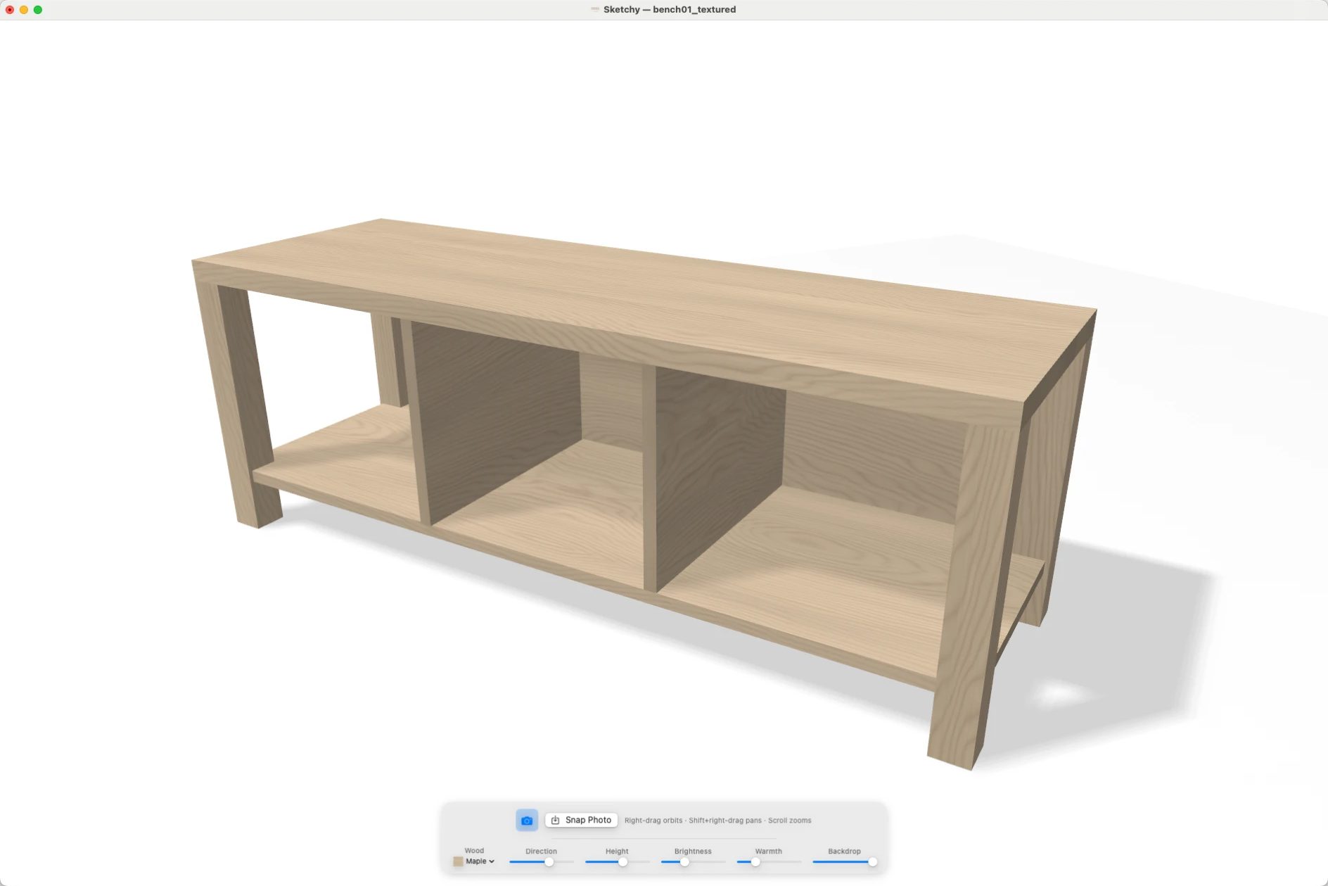 A bench with open cubbies modelled in Sketchy, shown in photo mode in maple