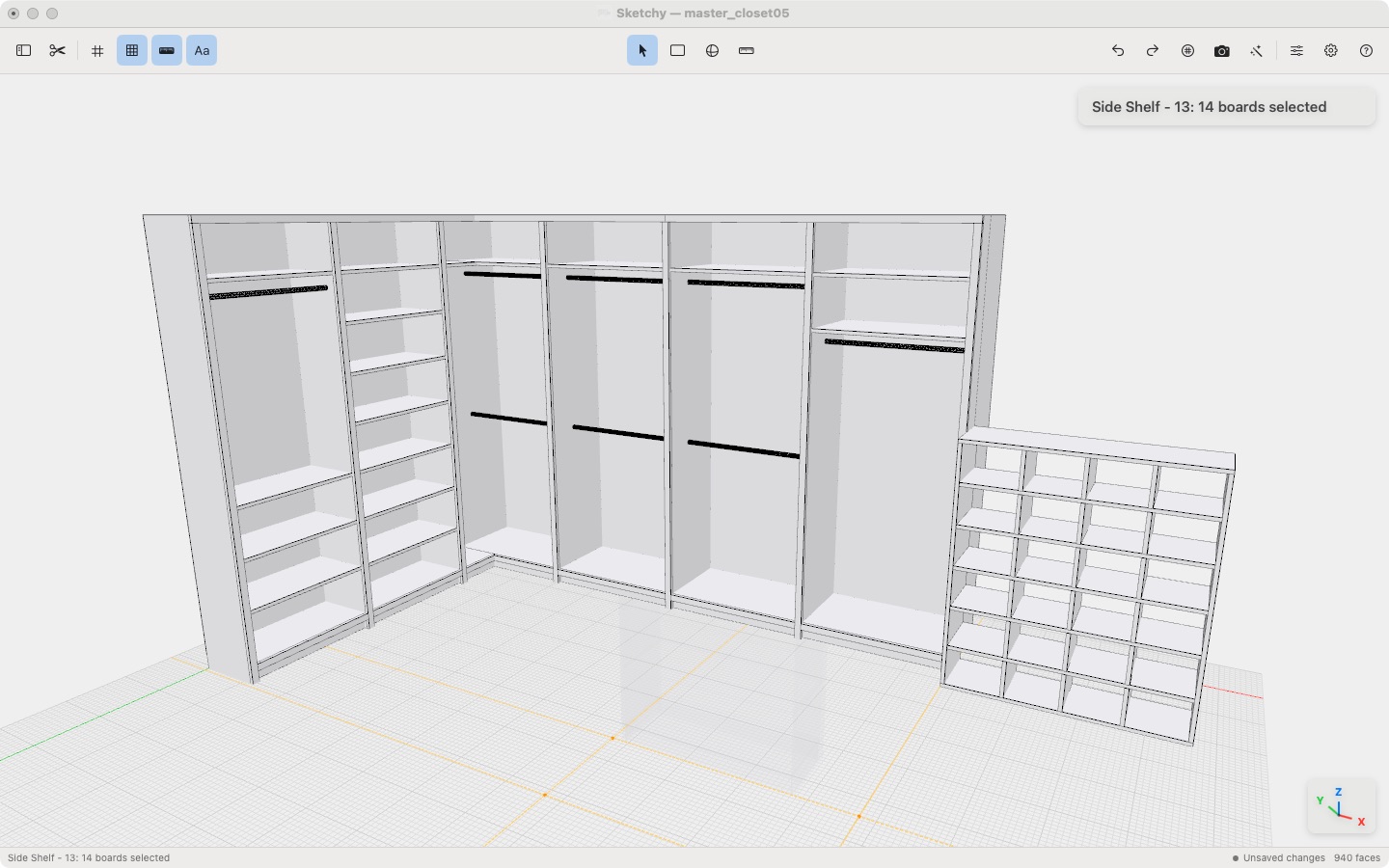 A full closet system with shelving, modelled board by board
