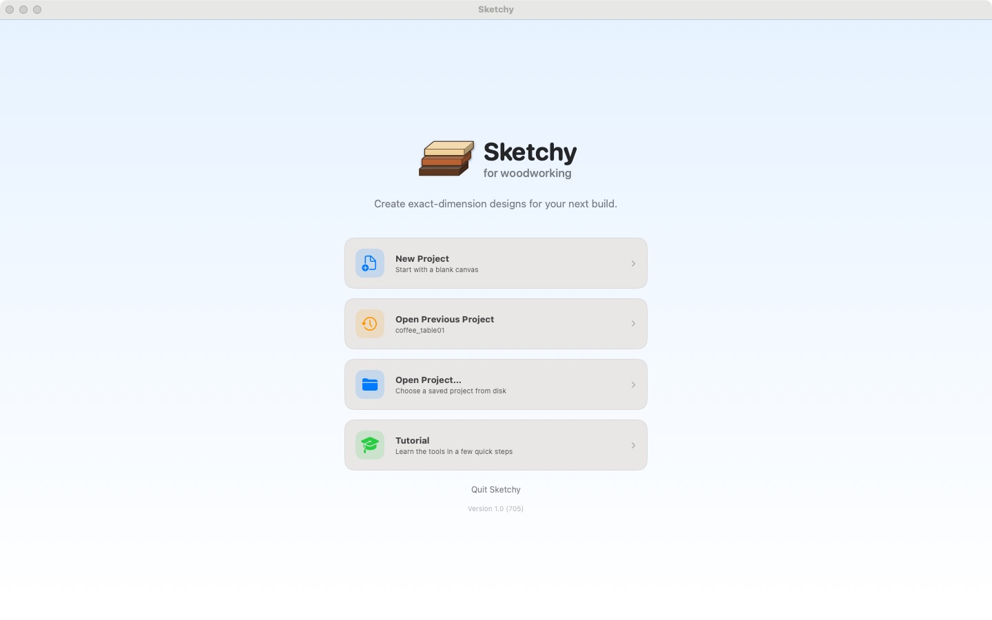 The welcome screen, with the hands-on Tutorial