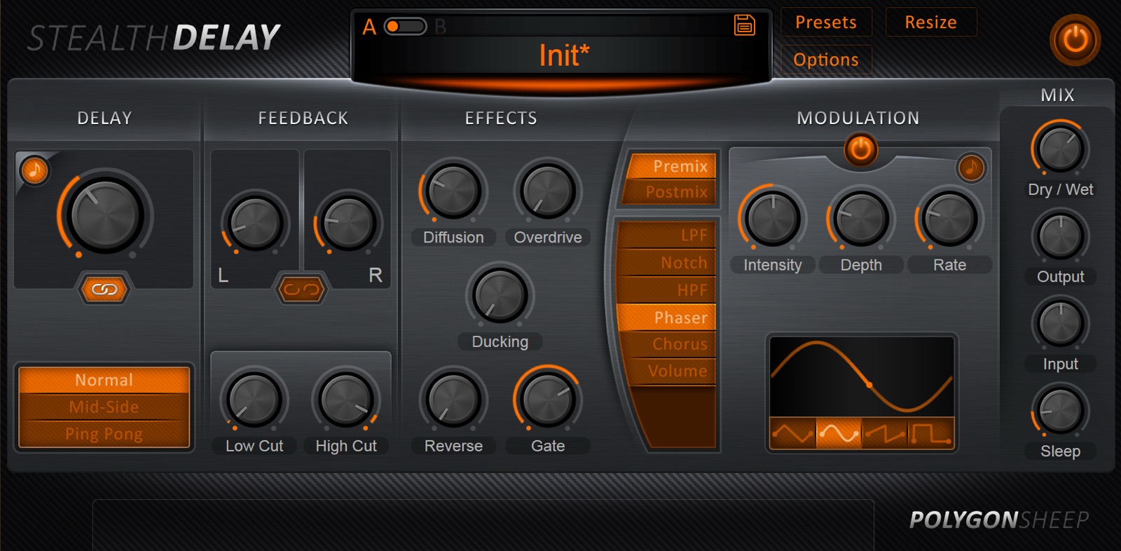 Stealth Delay in the orange color scheme with the phaser modulation selected
